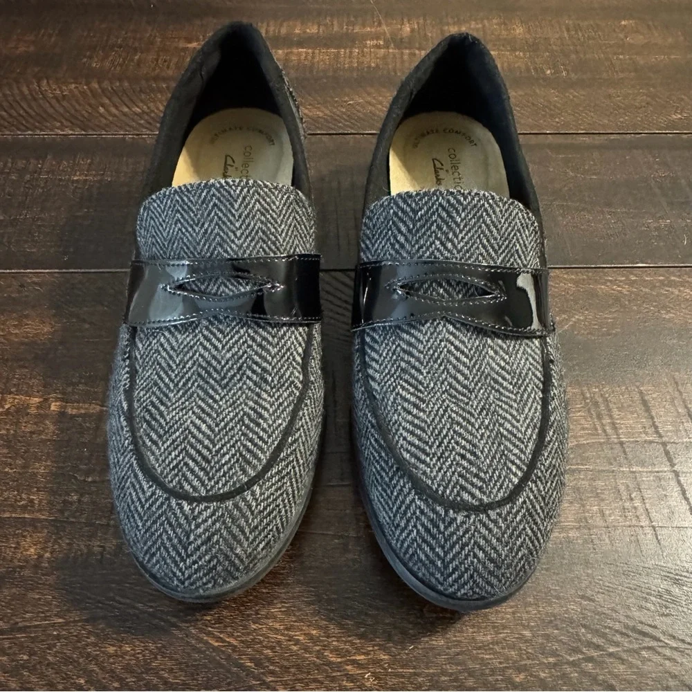 Clarks Juliet Lora Herringbone Penny Loafers Gray Black Size 7 Professional Work